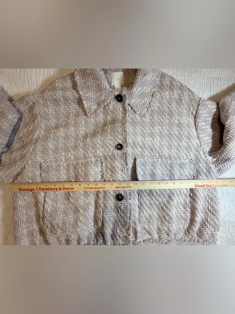 H&M Jacket Mauve Bouclé Fringe Button Front Collared Coatigan - Picture 11 of 14